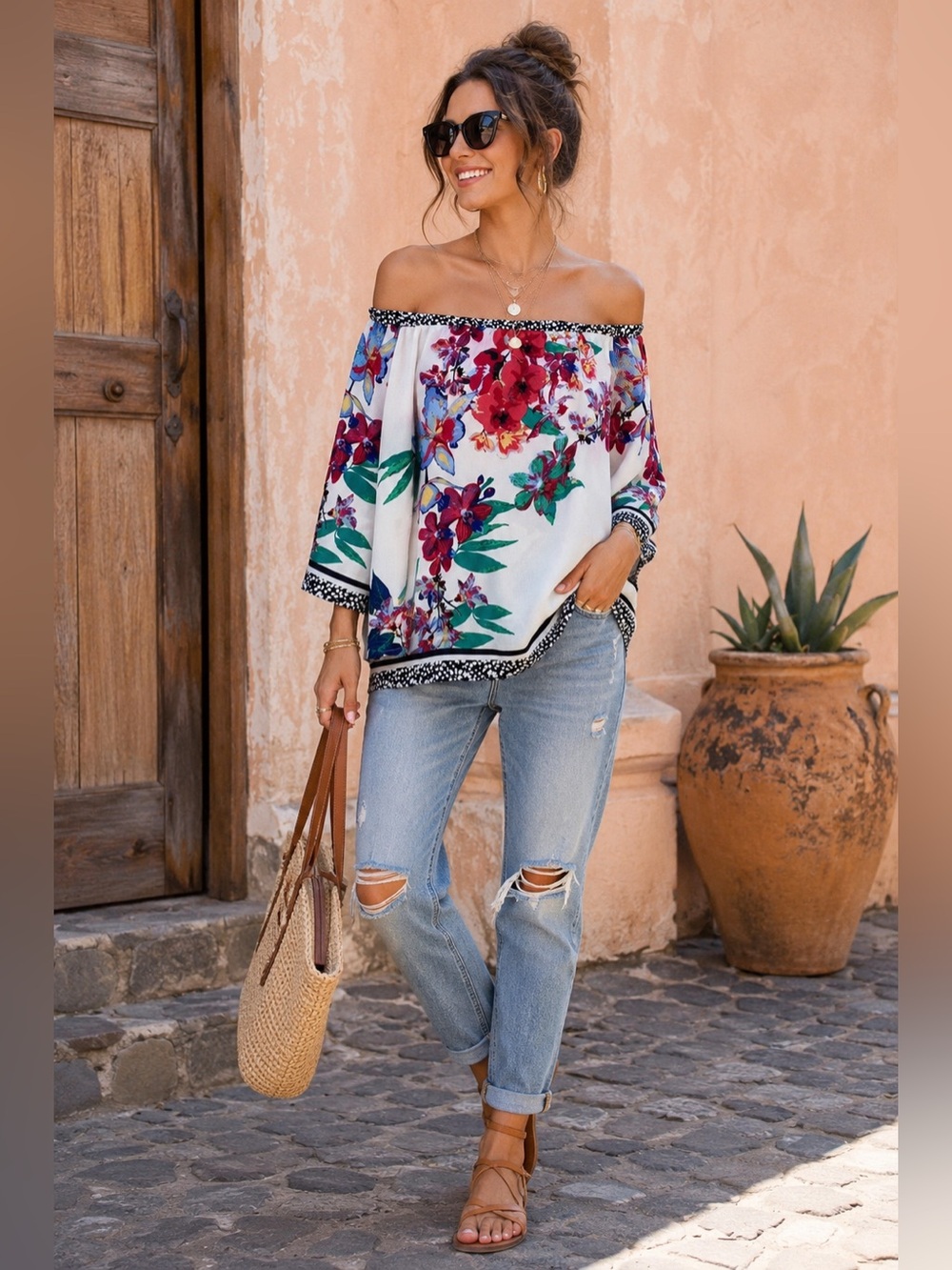 Midnight Velvet Floral Off Shoulder Semi Sheer Size M Top Boho Tropical Resort